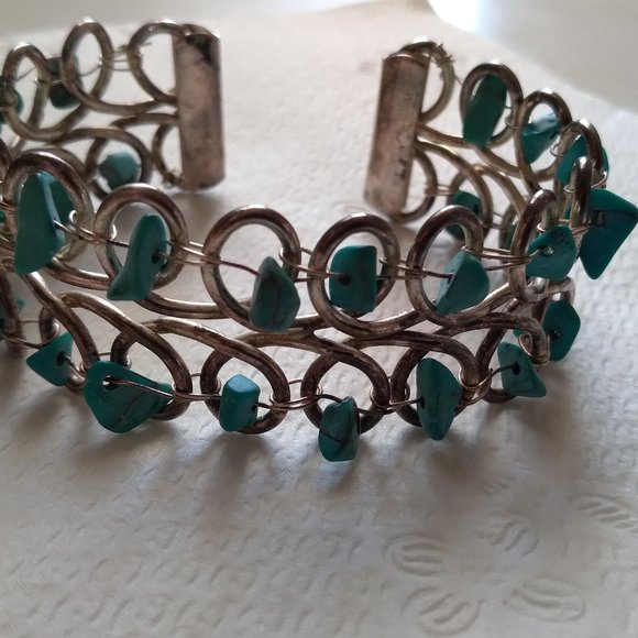 Vintage Silver wire looped turquoise sterling silver 925 bangle bracelet - Picture 2 of 8